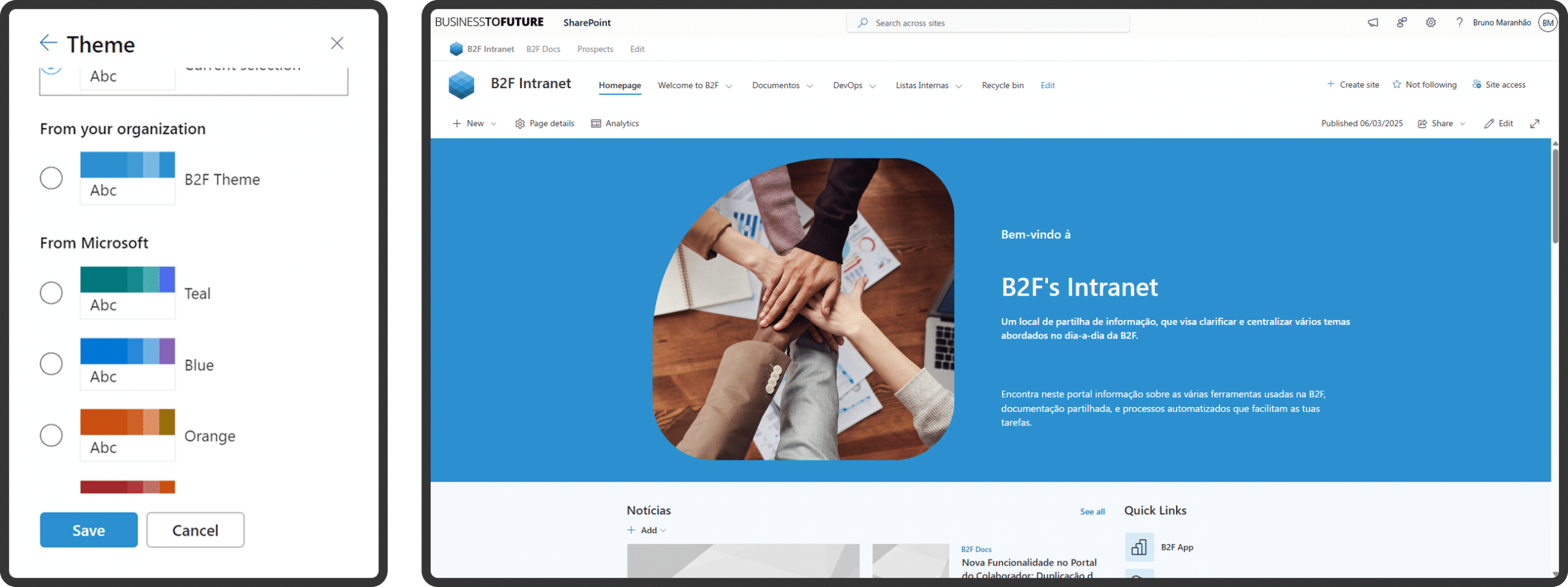 Intranet empresarial no SharePoint para centralização de informação e colaboração entre equipas