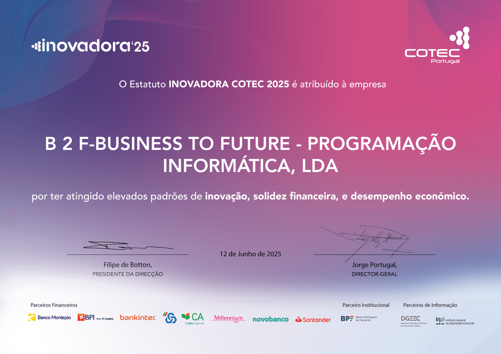 Certificado 2025 Inovadora COTEC_B2F